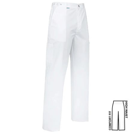 Witte De Berkel ODIN unisex broek met zijzakken en hoge taille, comfortabele pasvorm.