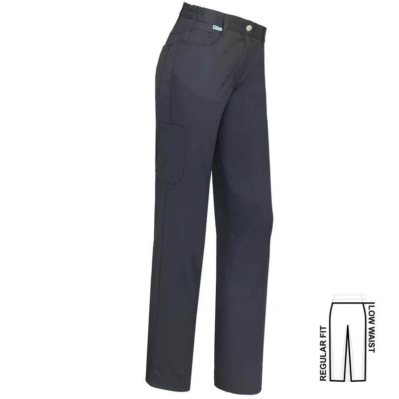 Zwarte De Berkel THEA damesbroek met zijzakken en elastische taille, regular fit, lage tailleband.
