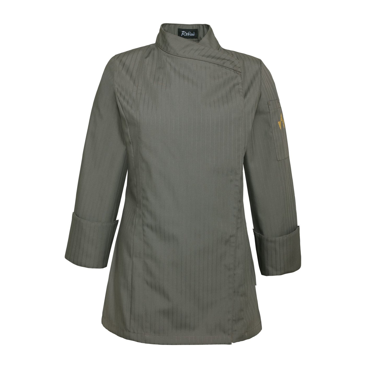 Taupekleurige Robini koksbuis met opstaande kraag en mouwzak. Elegante strepen, van Default Vendor.