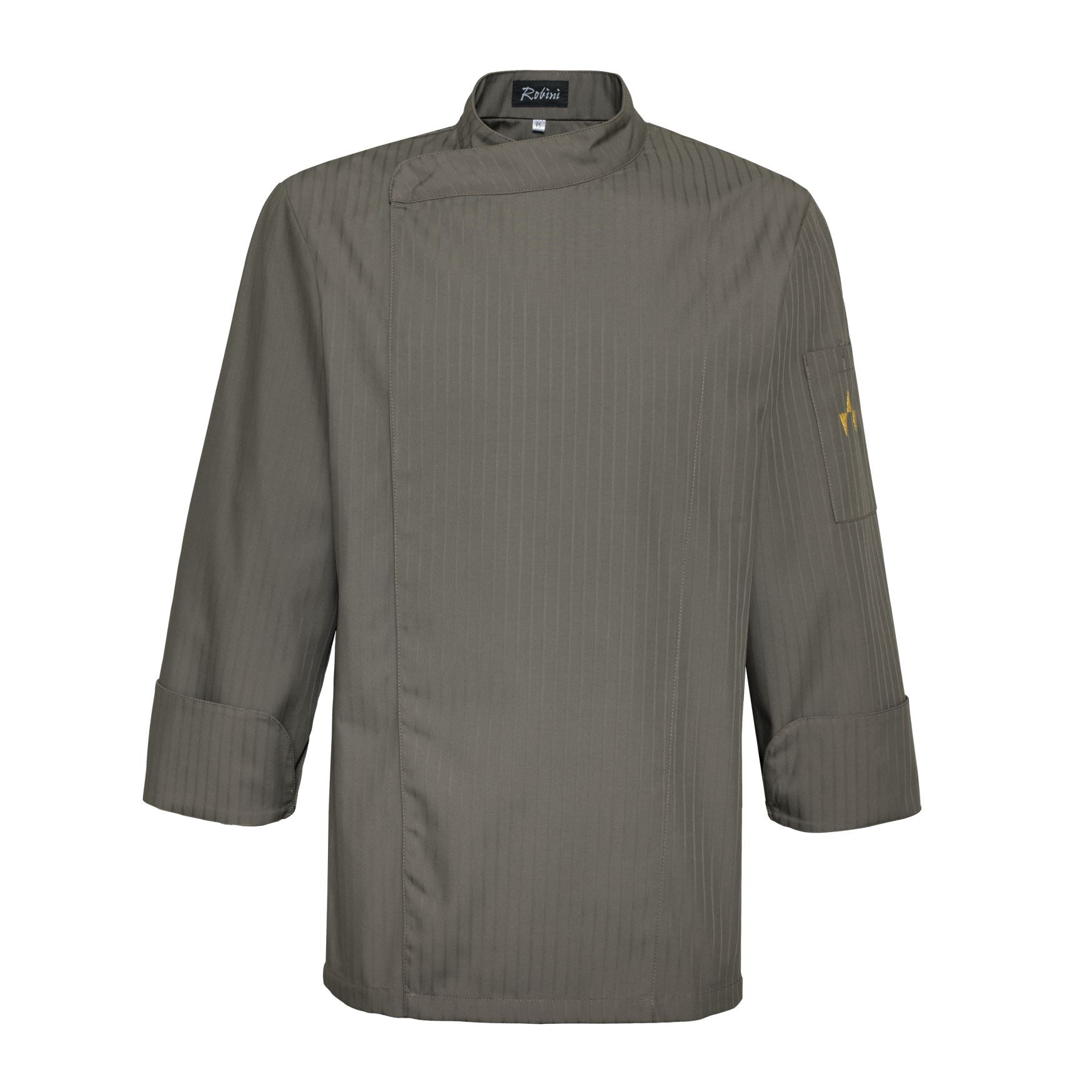 Koksbuis Robini Rico Taupe met lange mouwen, asymmetrische sluiting en mouwzak, subtiel gestreept patroon.