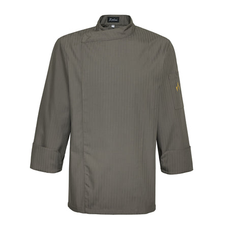 Koksbuis Robini Rico Taupe met lange mouwen, asymmetrische sluiting en mouwzak, subtiel gestreept patroon.