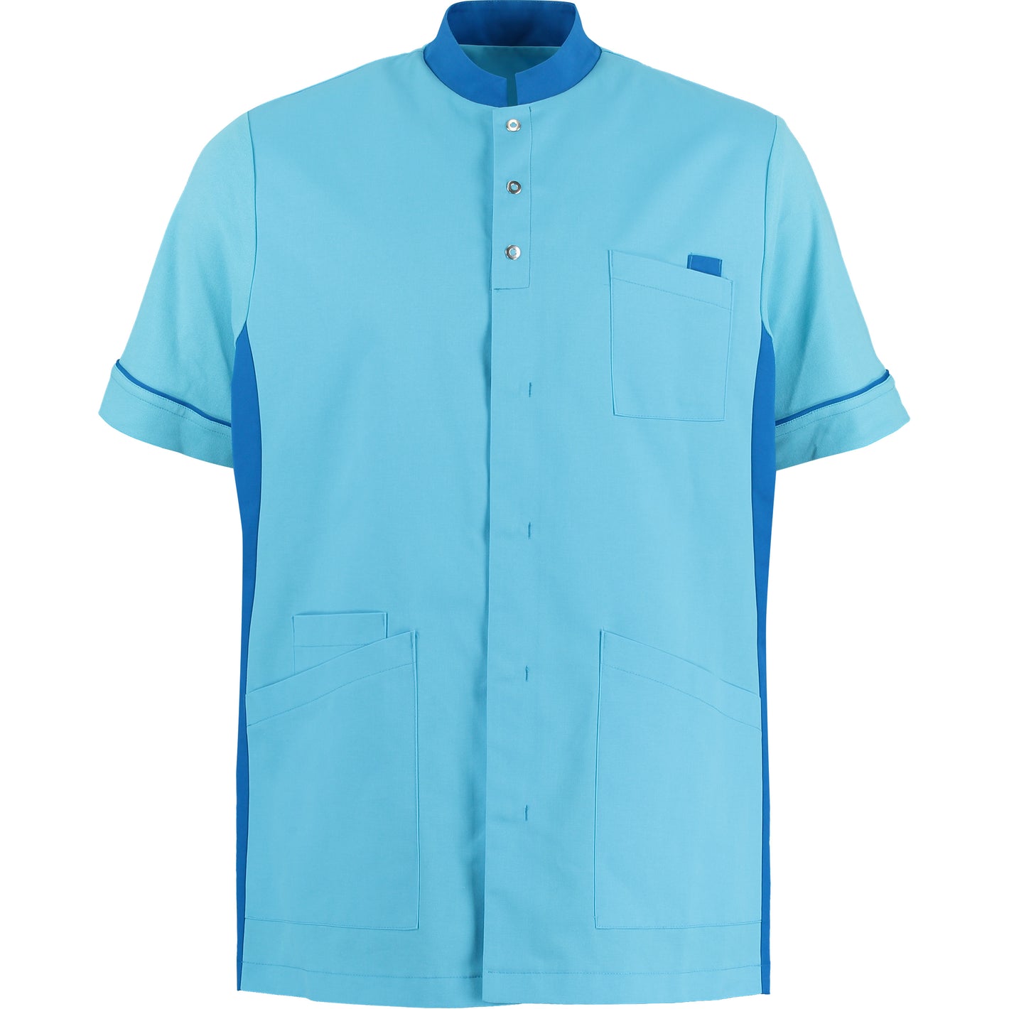 Blauw Shae Care herenjack met korte mouwen, opstaande kraag, meerdere zakken, knoopsluiting.