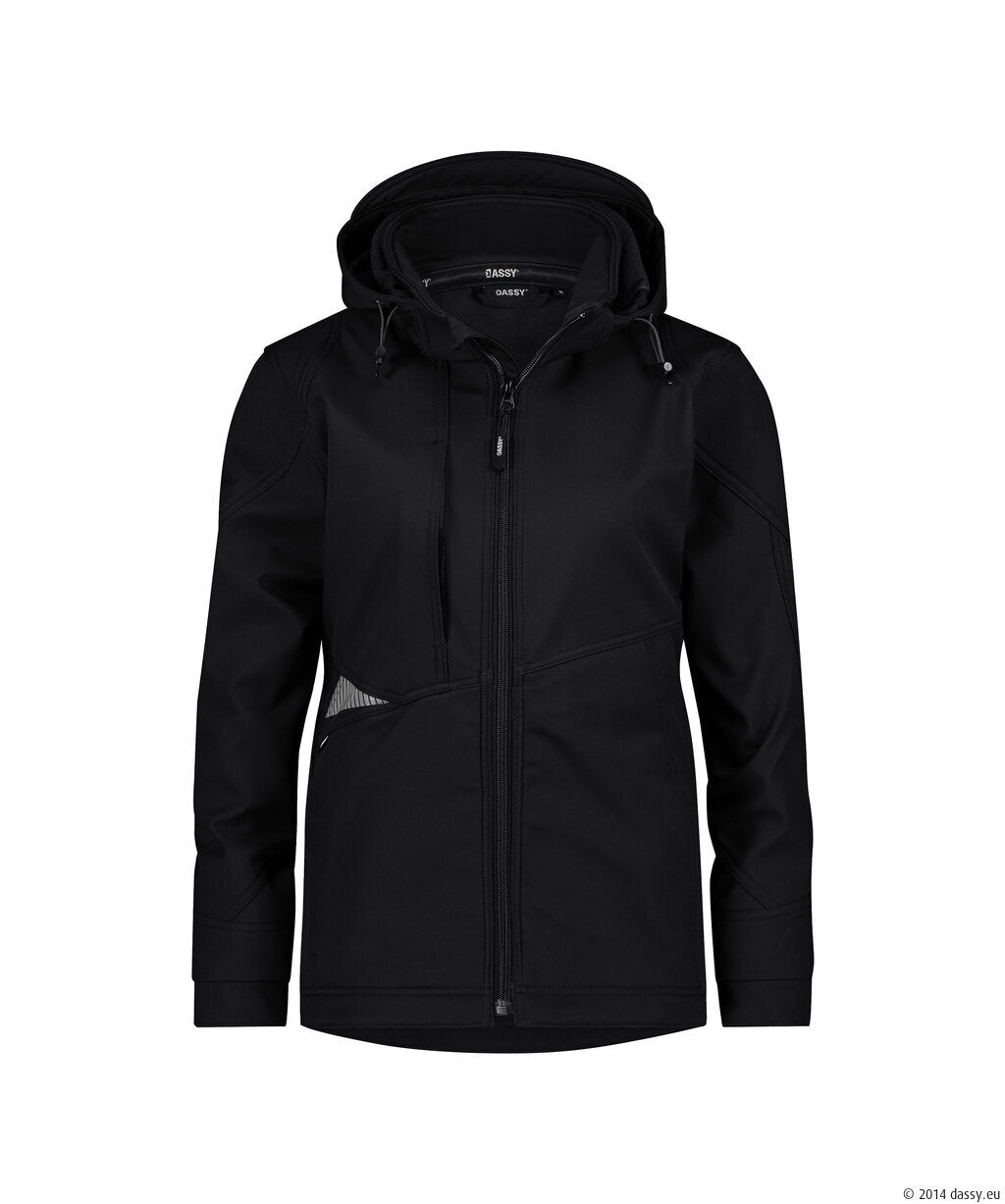Dassy Gravity Next Women Softshelljas zwart/antracietgrijs met ritsen, capuchon en zakken, duurzame softshell stof.