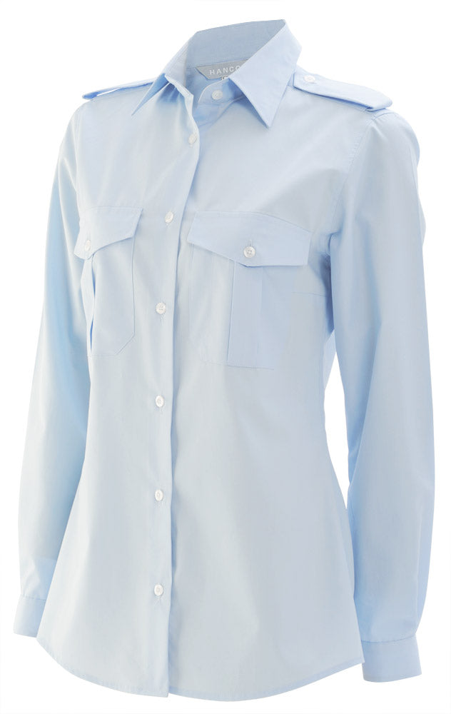Lichtblauwe pilotenblouse Kümmel Diane met lange mouwen, borstzakken en epauletten van reinkebedrijfskleding.