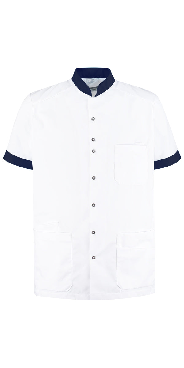 Wit/navy Haen Milo herenjack met korte mouwen, drukknopen en borstzak, contrasterende hals en mouwboorden.