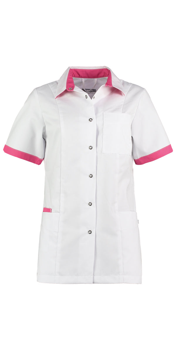 Haen damesjack Fijke wit met shocking pink accenten, knoopsluiting, borstzak en korte mouwen.