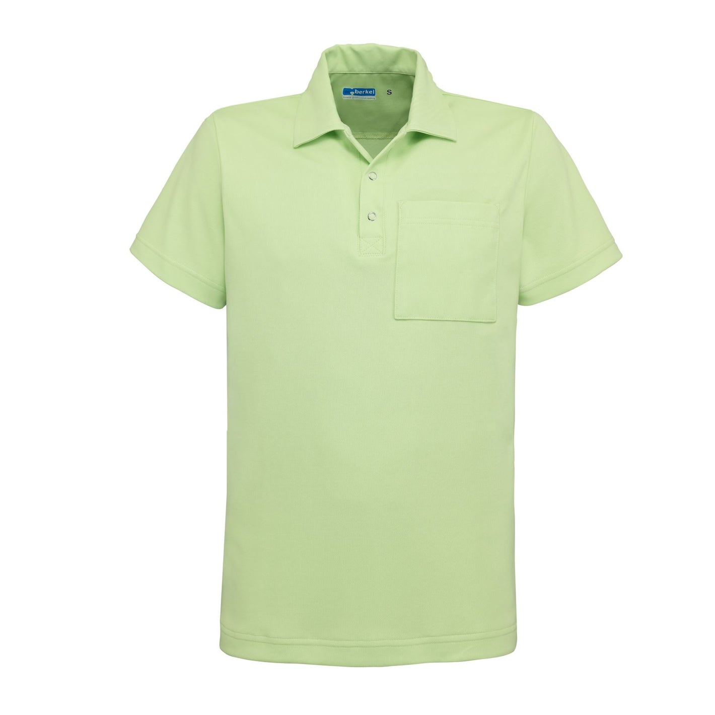 Zachtgroene Zorgpolo De Berkel Timmy met korte mouwen, borstzak en polokraag, 100% katoen.